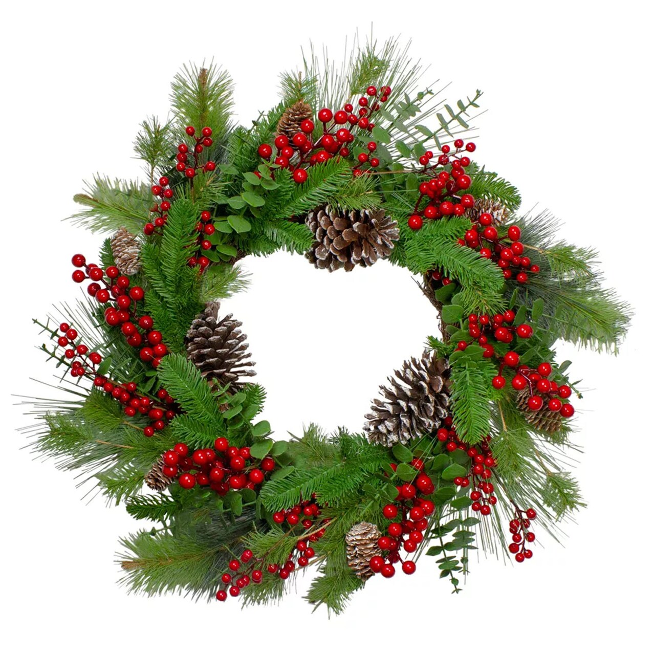 Holly Berries Snowy Pinecones 24 Inch Artificial Christmas Holiday Door Wreath